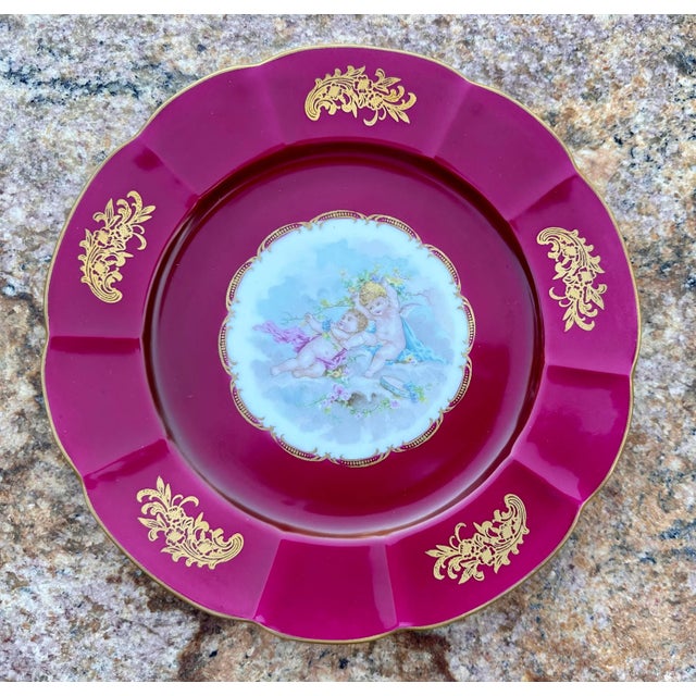 1970s Vintage French Hand Painted Cherubs Gold Gilt Red Porcelain Decorative Plate For Sale - Image 5 of 10