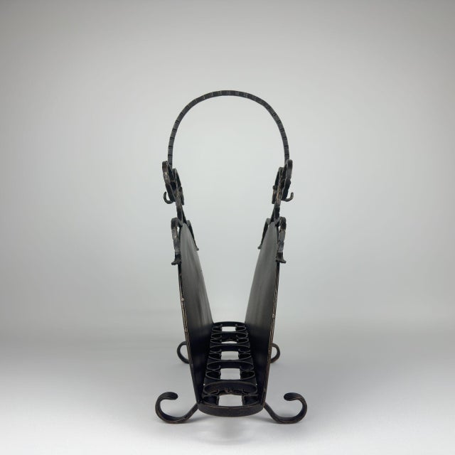 Black Hand Forged Iron Newspaper & Magazine Rack (54cm) Antique Gold Scroll Design with Arched Handle For Sale - Image 8 of 10