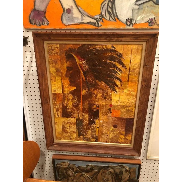 Mid century oil on board of an Indian Warrior. Nice heavy impasto style. In a wooden wormhole styled fame. Will fit in...