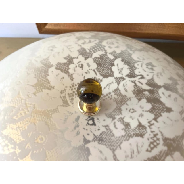 Lovely lacy 1950s floral damask pattern flush mount light in creamy white over transparent matte glass with inverted...