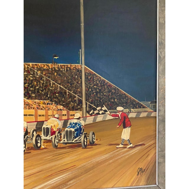 Oil Painting G. Fox Car Race Circa 1930, Framed For Sale - Image 10 of 12