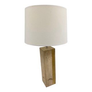 Vintage Modern Travertine Square Block Table Lamp With Oatmeal Linen Tapered For Sale