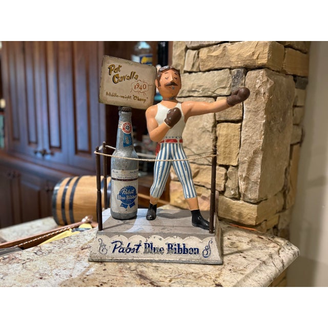 1940s Vintage Plasto Mfg. Chicago Pabst Blue Ribbon Boxer Back Bar Display With Pat Cavalla Sign For Sale - Image 5 of 10