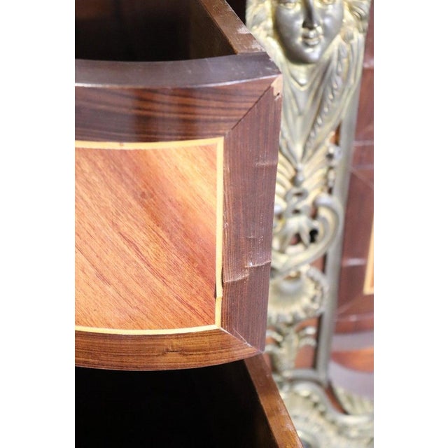 French Monumental Grand Inlaid Bronze Mounted French Louis XV Style Marble Top Commode For Sale - Image 3 of 9