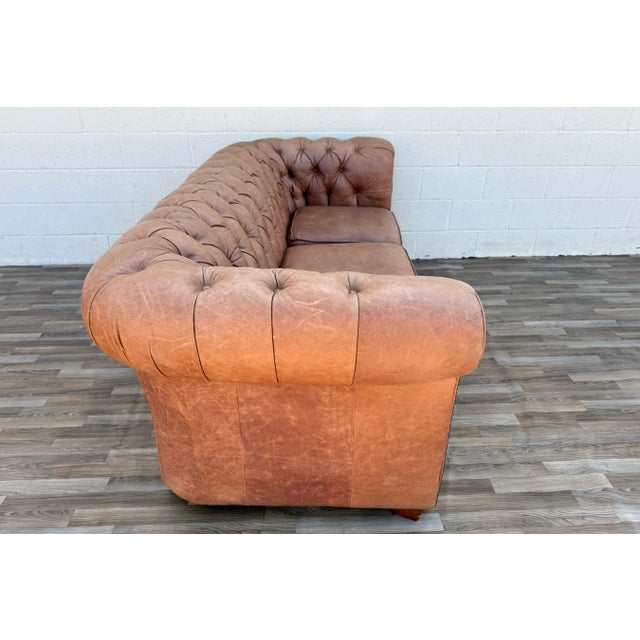 Camel Vintage Distressed Leather Chesterfield Sofa | Made in Canada | Camel Brown | Circa 1990s For Sale - Image 8 of 18