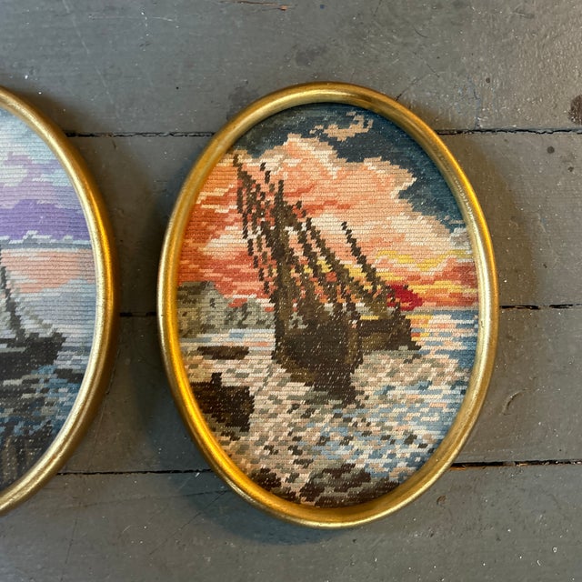 Nautical Two 1940’s Original Nautical Needlepoints in Gold Leaf Frame - Set of Two For Sale - Image 3 of 4