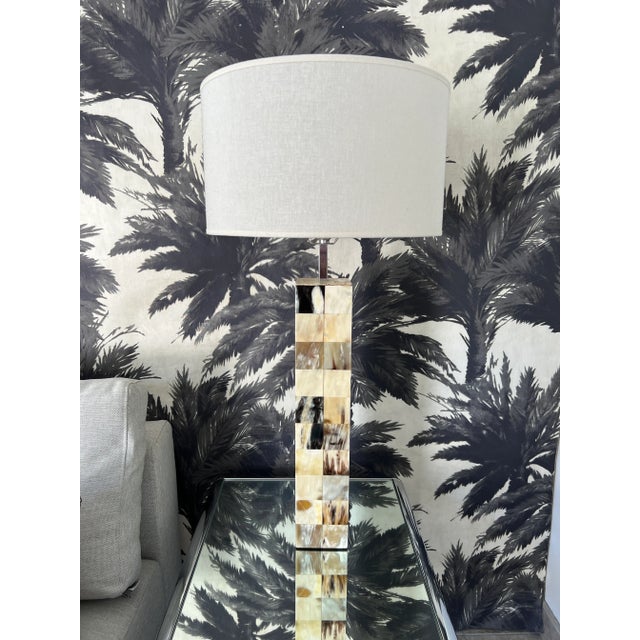 Vintage tessellated horn lamp attributed to Enrique Garcel. Lamp has architectural column design comprised of mosaic...