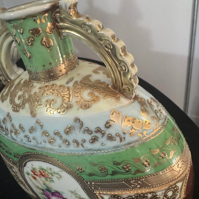 Antique French Porcelain Hand-Painted Pilgrim Flask Vase With Raised Gold Filigree & Roses For Sale In Providence - Image 6 of 10