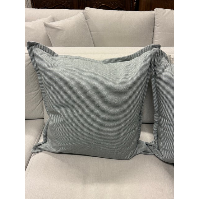 Striated Blue With White Ticking Stripe Throw Pillows, Set of Three For Sale - Image 9 of 12