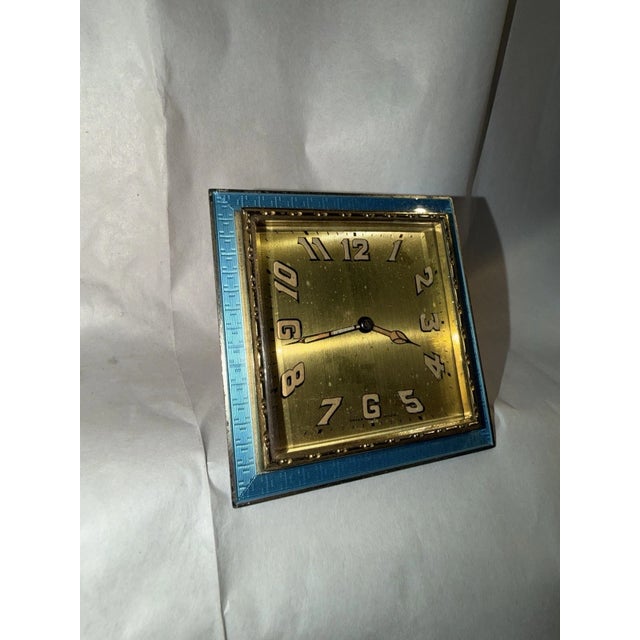 Metal Antique Swiss Art Deco Travel/ Desk Clock With Guilloche Enamel For Sale - Image 7 of 11