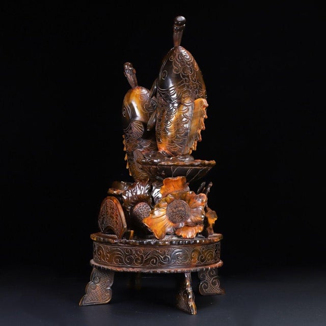 Late 20th Century Late 20th Century Carved Horn Sculpture of Two Carp With Lotus - "Abundance" For Sale - Image 5 of 10