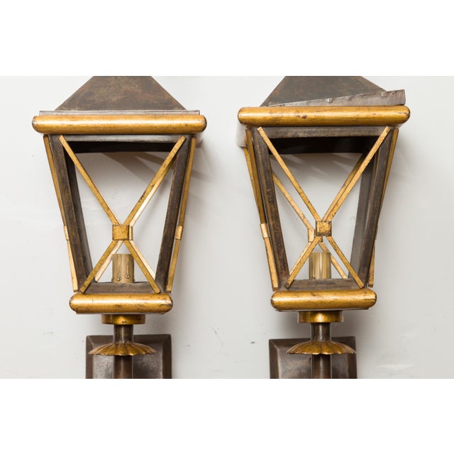 Mid 20th Century French Mid Century Modern Gilt Iron Wall Mounted Lanterns with Single Lights - a Pair For Sale In Atlanta - Image 6 of 9