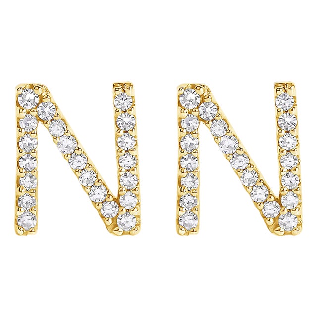 10K Yellow Gold 1/10 Cttw Diamond 'N' Initial Stud Earring For Sale