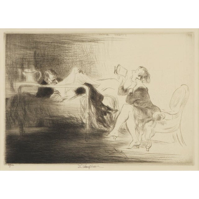 Drypoint etching with full margins, titled En Pension. The print expresses deep tonality and has been printed on cream...