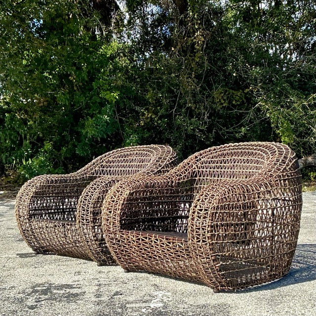 Coastal Vintage Coastal Kenneth Cobonpue Woven Rattan and a Jute Lounge Chairs - a Pair For Sale - Image 3 of 11