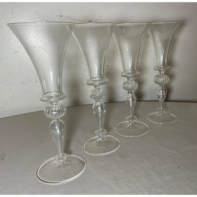 Transparent Vintage Hand Blown Italian Venetian Stemware Glass Wine Champagne Glasses - Set of 4 For Sale - Image 8 of 10