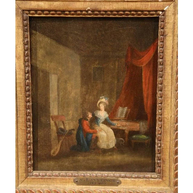 Wood Pair of 18th Century French Genre Paintings in Carved Gilt Frames For Sale - Image 7 of 9