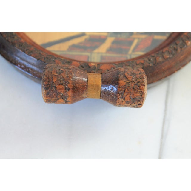 Brown Vintage Folk Art Wood Inlaid Marquetry Tray For Sale - Image 8 of 10