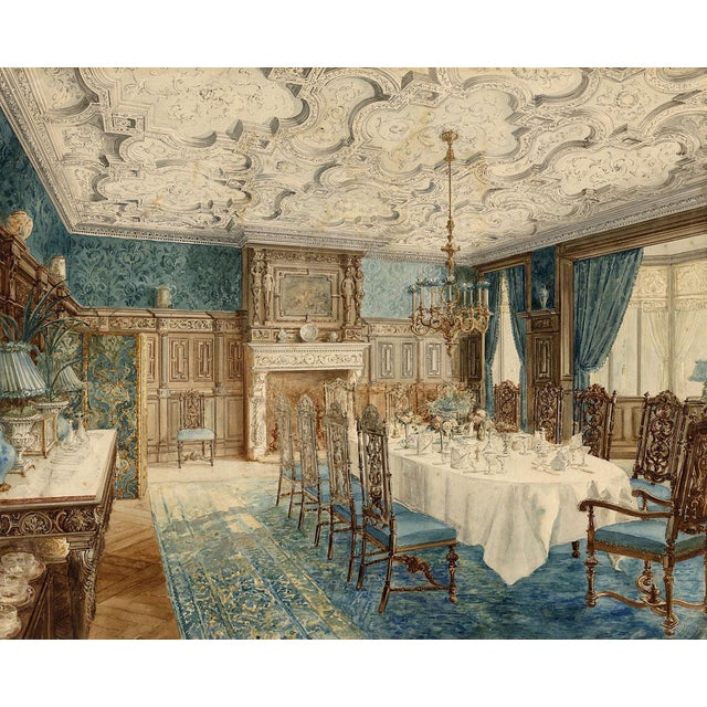 After Hughson Hawley, Dining Room Interior, 19th Century, Watercolor For Sale