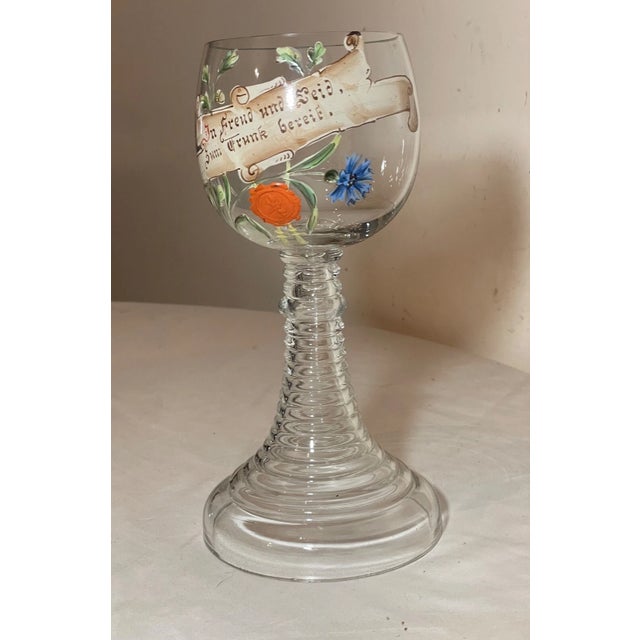 Boho Chic Large Vintage Enameled Blown Clear Glass German Chalice Goblet W/ Wax Seal Wine For Sale - Image 3 of 14