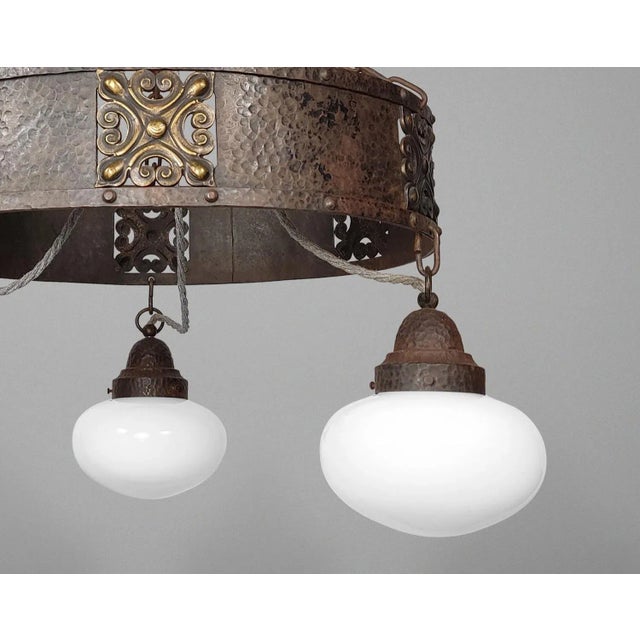 Antique Arts and Crafts Chandelier with Opaline Glass Shades For Sale - Image 3 of 6