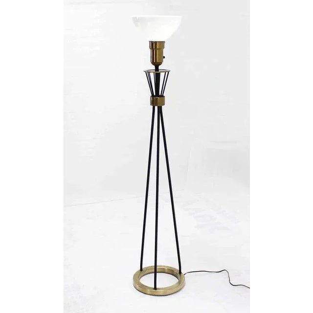 Round Brass Base Iron Spokes Midcentury Floor Lamp For Sale - Image 4 of 7