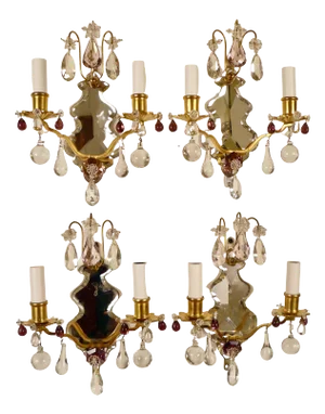 Set of Four Louis XVI Style Mirrored Back Bronze and Amethyst Crystal Sconces