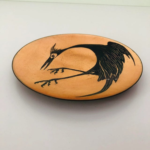 Vintage Midcentury Enamel Plate Over Copper Design By Artist Mythical Bird 6"D , Signed P. Howland , in very good condition