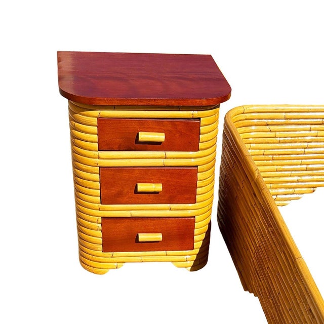 1940s Restored Frankl Style Full Stacked Rattan Bed Frame W/ Night Stands Bedroom Set For Sale - Image 5 of 10