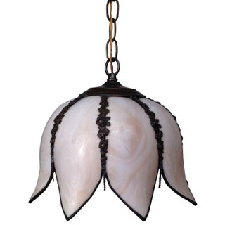 Slag Glass Tulip Shaped Pendant Light For Sale