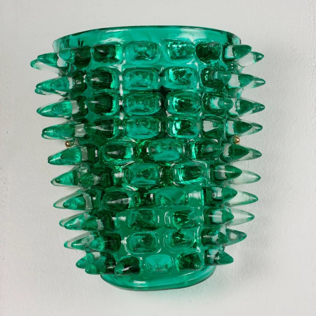Forest Green Large Green Murano Glass Wall Lamps with Spikes and Gold Finish Frames, 1990s, Set of 2 For Sale - Image 8 of 12