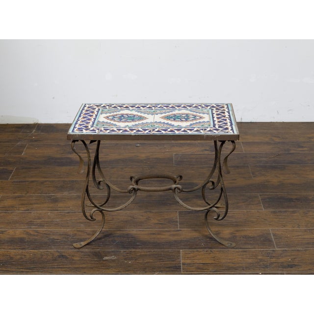 Mid-Century Modern Midcentury Italian Wrought-Iron Coffee Table with Tile Top and Scrolling Base For Sale - Image 3 of 11