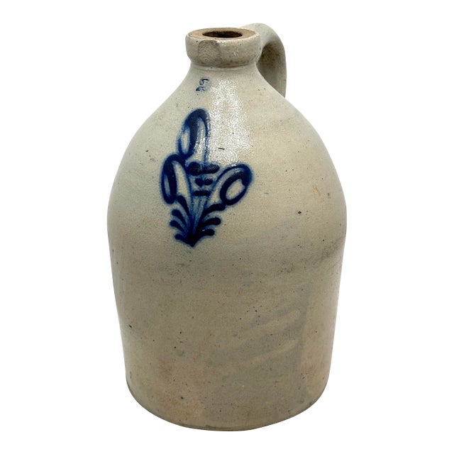 Very Nice Blue Color Hand Decorated Antique American 2 Gallon Size Stoneware Jug - Circa 1870s For Sale