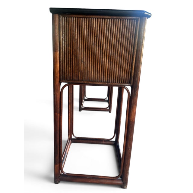 Vintage Chinoiserie Bamboo & Rattan Console Desk With Hand-Painted Lacquer Top A striking vintage Chinoiserie bamboo and...