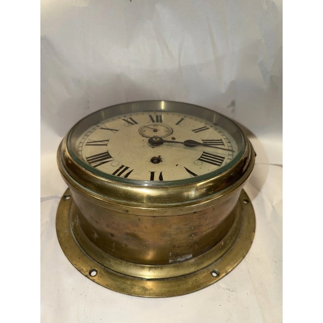 Antique English Ships Clock in Brass Case For Sale - Image 10 of 12