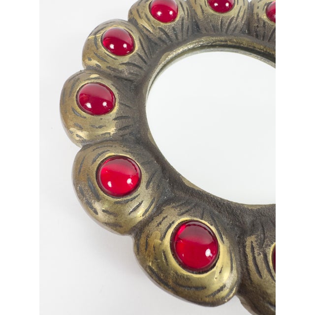 Vintage Brass Floral Hand Mirror With Red Glass Cabochons, Art Nouveau Style For Sale - Image 6 of 13