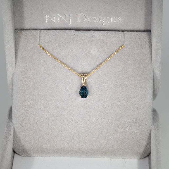Modern London Blue Topaz Solitaire Pendant in Solid 14k Gold - Pear, 6x4mm For Sale - Image 3 of 7