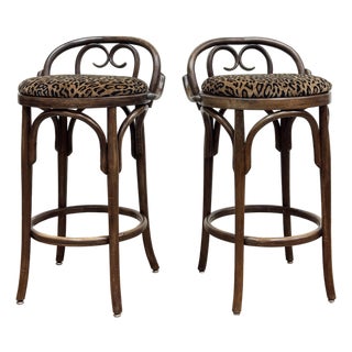 Vintage Velvet Leopard Print Bentwood Bar Stools, a Pair For Sale