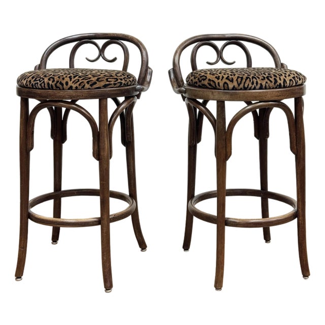 Vintage Velvet Leopard Print Bentwood Bar Stools, a Pair For Sale