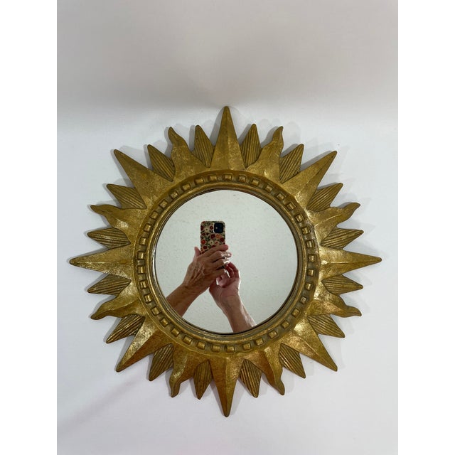 Mid-Century Modern Vintage 1960s French Style 16.5" Gilded Sunburst Wall Mirror For Sale - Image 3 of 17