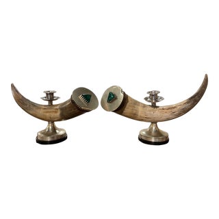 Pair of Mid-Century French Silver-Plated and Horn Table Candlesticks For Sale