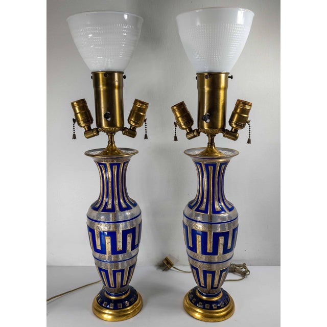 19th Century Pair of Bohemian Cameo Glass Table Lamp Vases With Greek Key Design in Blue For Sale - Image 9 of 16