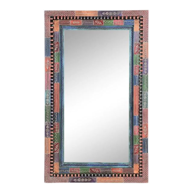 Colorful Wall Mirror 60"x36" | Hand Painted Ornate Wood Frame Mirror | Eclectic Bohemian Wall Art | Vibrant Statement Entryway Decor For Sale