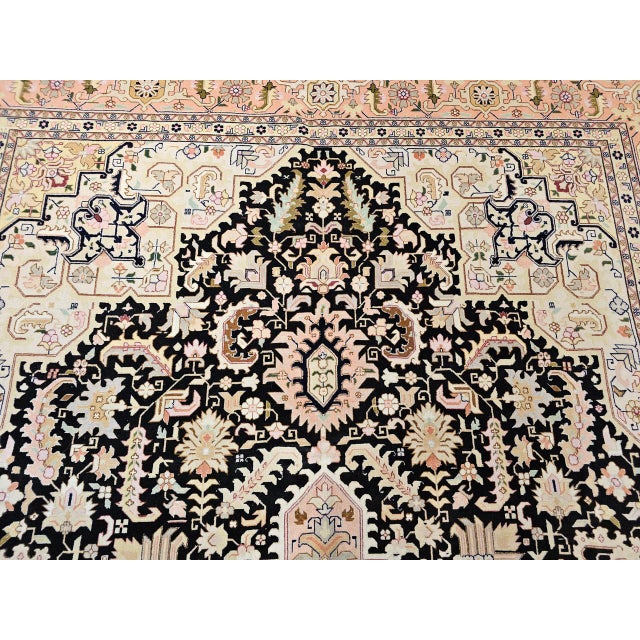 Fine Persian Tabriz Rug, Hand-Knotted Wool & Silk, Geometric Heriz Pattern, Black & Ivory, 7x10 For Sale - Image 13 of 17