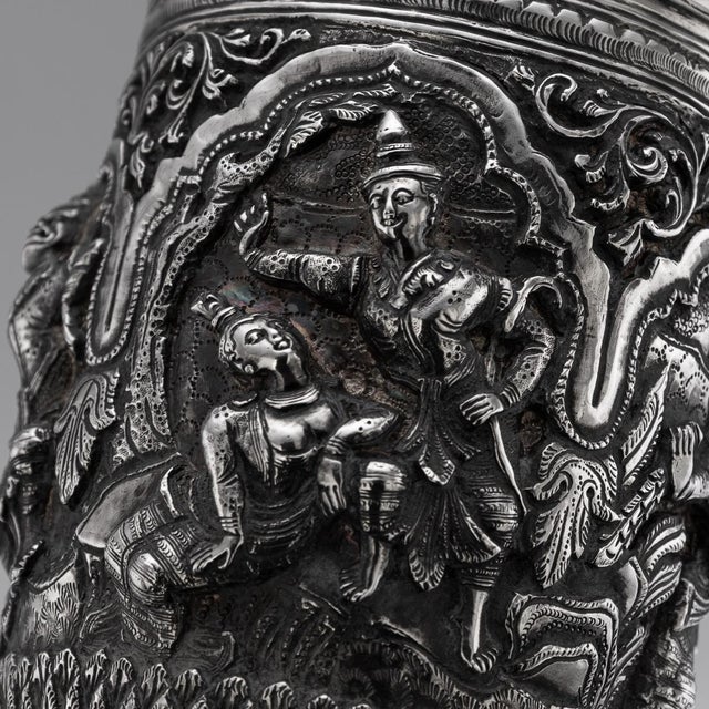 Antique 19th Century Burmese Silver Repoussé Jataka Tales Mug, 1890 For Sale - Image 12 of 16