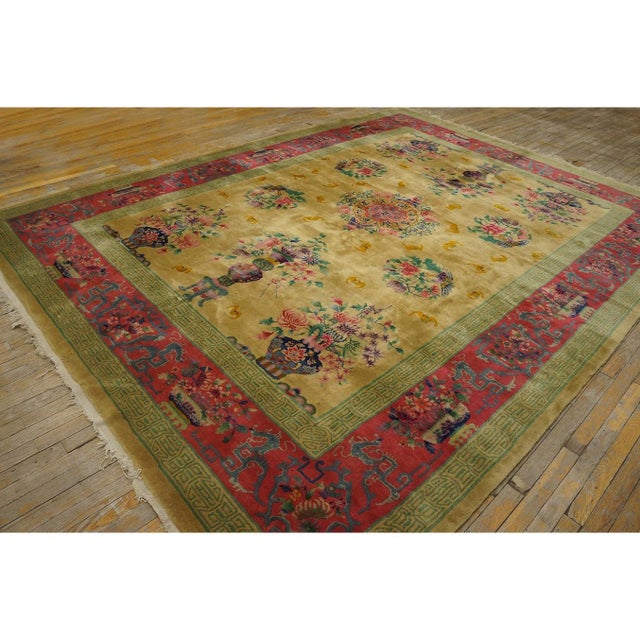 1920s Soft Yellow Field Antique Vase Floral Shou Symbols Chinese Art Deco Rug For Sale In New York - Image 6 of 11