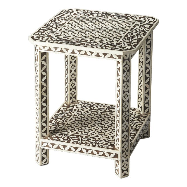 Amelia 18.25 in. W Square Bone Inlay Side Table with Lower Open Shelf, Brown Bone Inlay For Sale