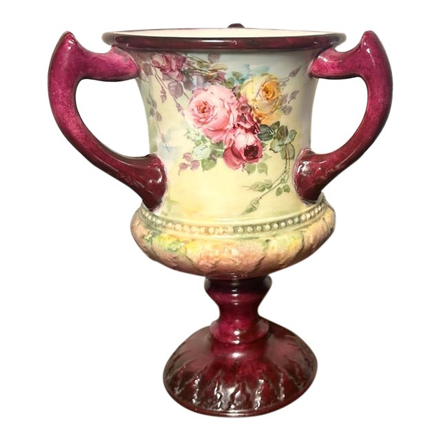 1889-1906 American Ceramic Art Studio Belleek Porcelain Hand Painted Rose Motifs Loving Cup Vase For Sale