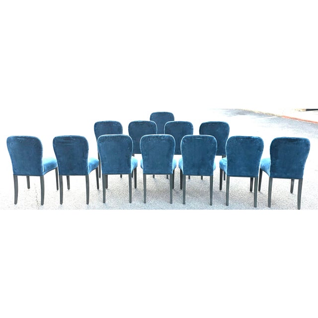 French Mid 20th Century Dessin Fournir Companies Set of 12 French Moderne Blue Velvet Upholstered Dining Chairs For Sale - Image 3 of 15