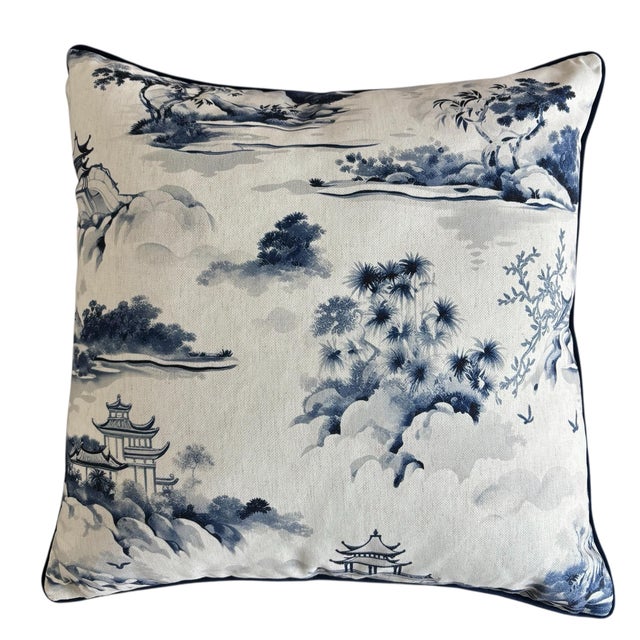 Large Blue & White Chinoiserie Asian Pagoda Garden Accent Pillows (Set of 2) For Sale - Image 4 of 5